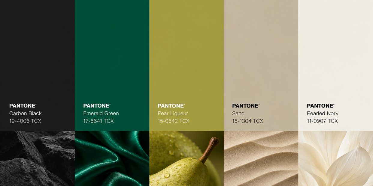 Paleta Pantone: Carbon Black, Emerald Green, Pear Liqueur, Sand, Pearled Ivory