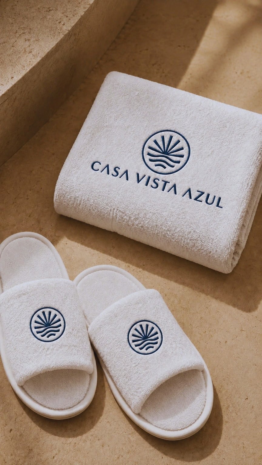 Pantuflas y toalla bordadas Casa Vista Azul